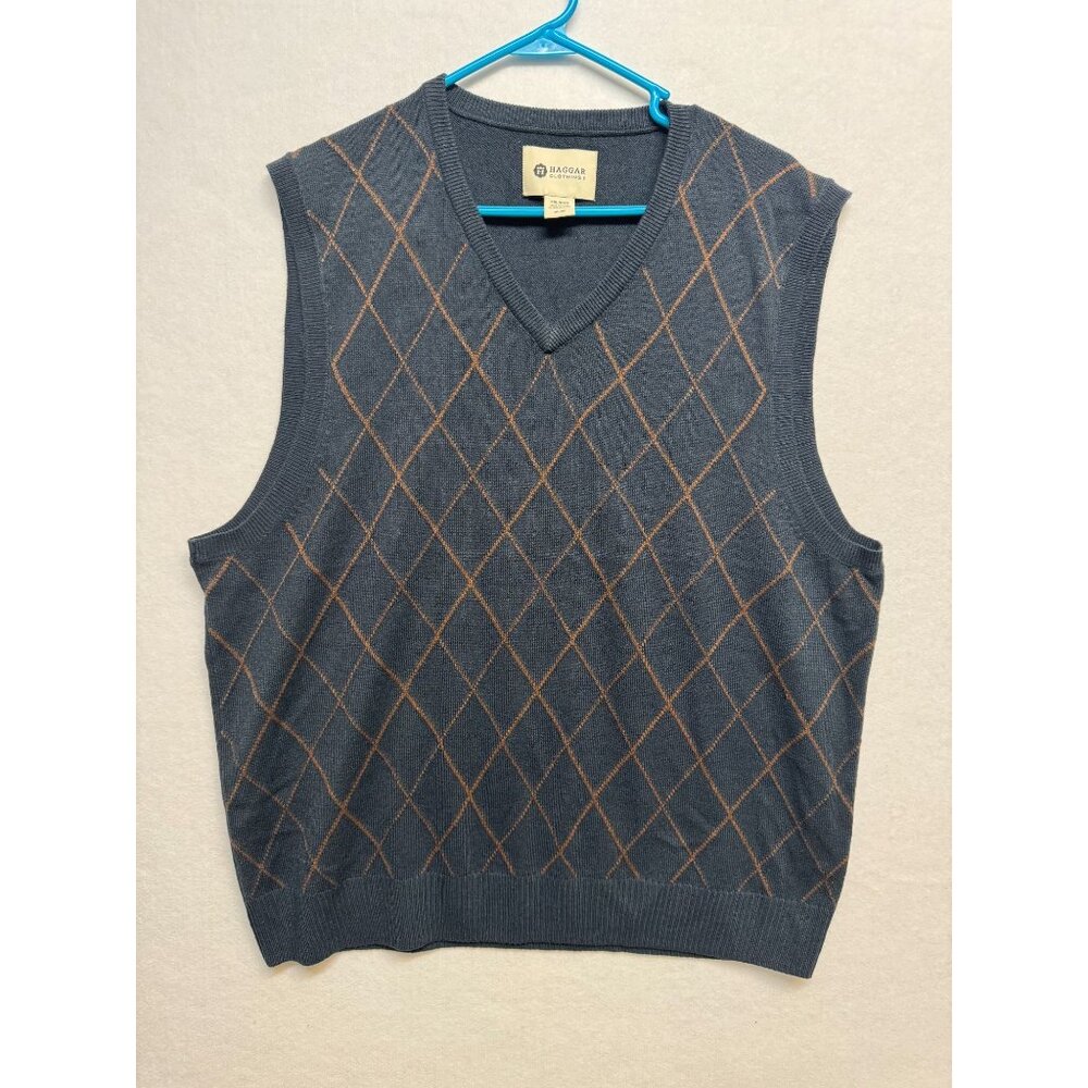 Haggar Mens XXL Argyle Sweater Vest Gray & Orange Diamond Pattern Acrylic Knit